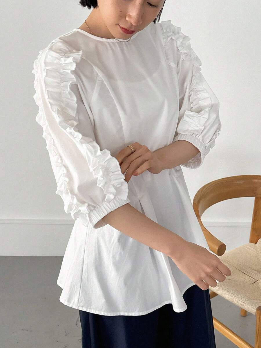 FRIFUL Women's Solid Color Round Neck Summer Casual Shirt With Ruffled Edges - White - View 1