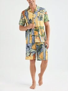Men's Summer Random Print Short Sleeve Shorts Home Wear Set - Yellow - View 1