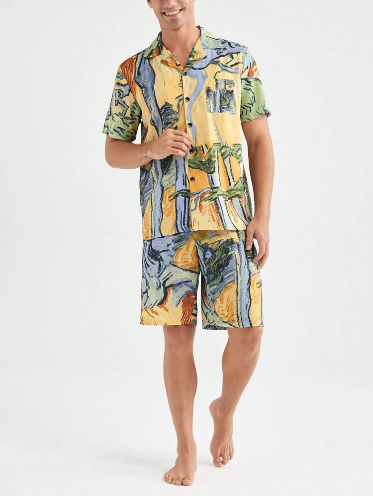 Men's Summer Random Print Short Sleeve Shorts Home Wear Set