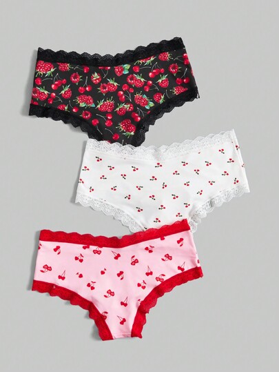 Kawaii 3pcs/Set Strawberry Cherry Printed Lace Trimmed Triangle Panties