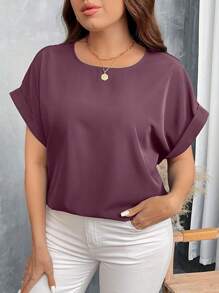 SHEIN LUNE Áo sơ mi denim cổ tròn rộng rãi cỡ lớn màu xanh lam đơn giản thường ngày có vai trễ - Màu Hồng Tươi - Xem 6