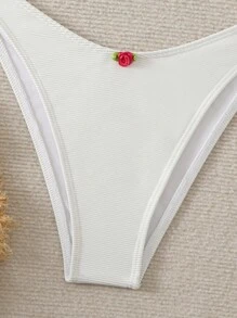 Swim Mod Conjunto de bikini sexy de unicolor con calado para vacaciones de mujer, con tela de rayas finas y detalle floral pequeño, para la playa de verano - Blanco - Ver 4