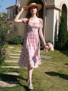 Elegant Floral All-Over Print Puff Sleeve Cinch Waist Summer Dress - Purple - View 5