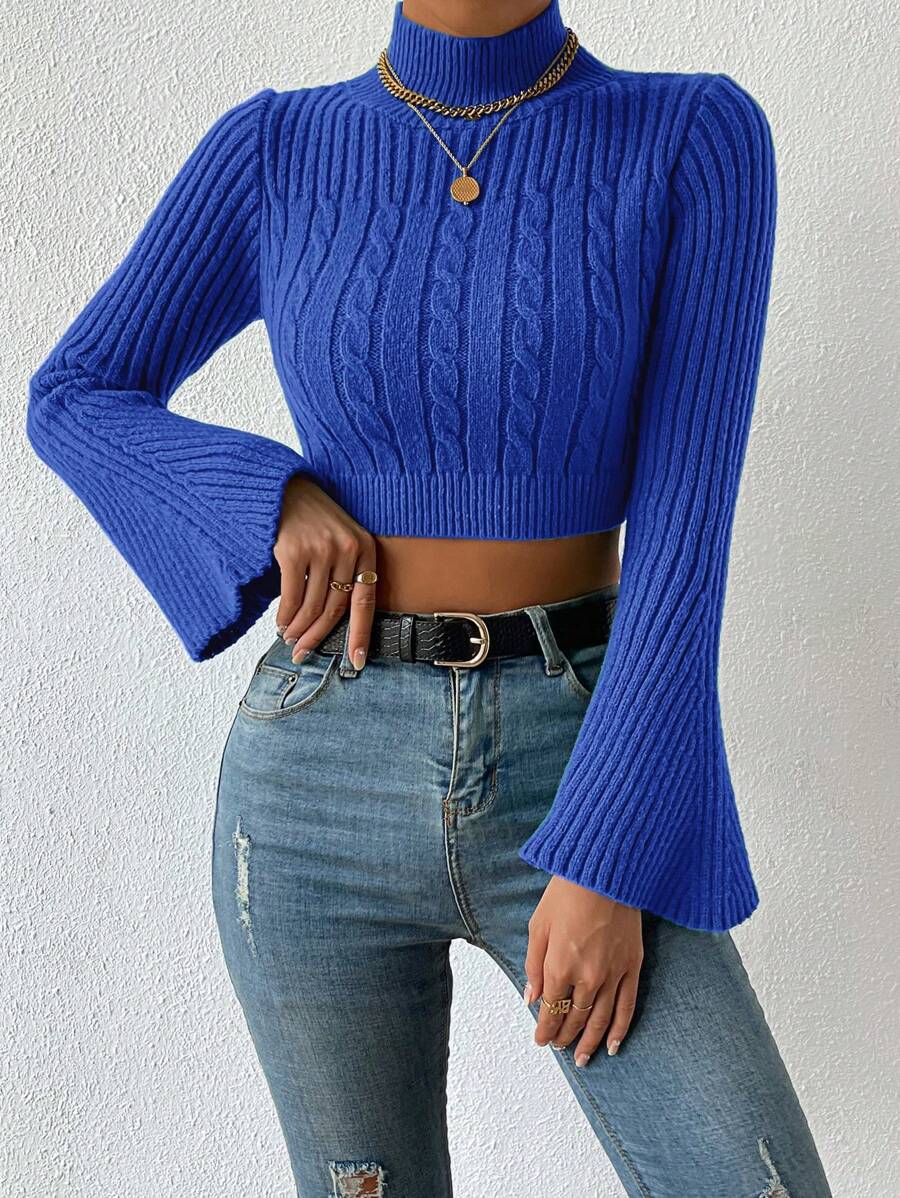 EURMUSE High Neck Cable Knit Flare Sleeve Crop Sweater - Biru - View 1