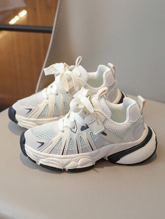 1 Pair Girls' Round Toe Casual Sneakers, Non-Slip Lace-Up Low-Top Hook-And-Loop Breathable Color Block Athletic Shoes, All Season