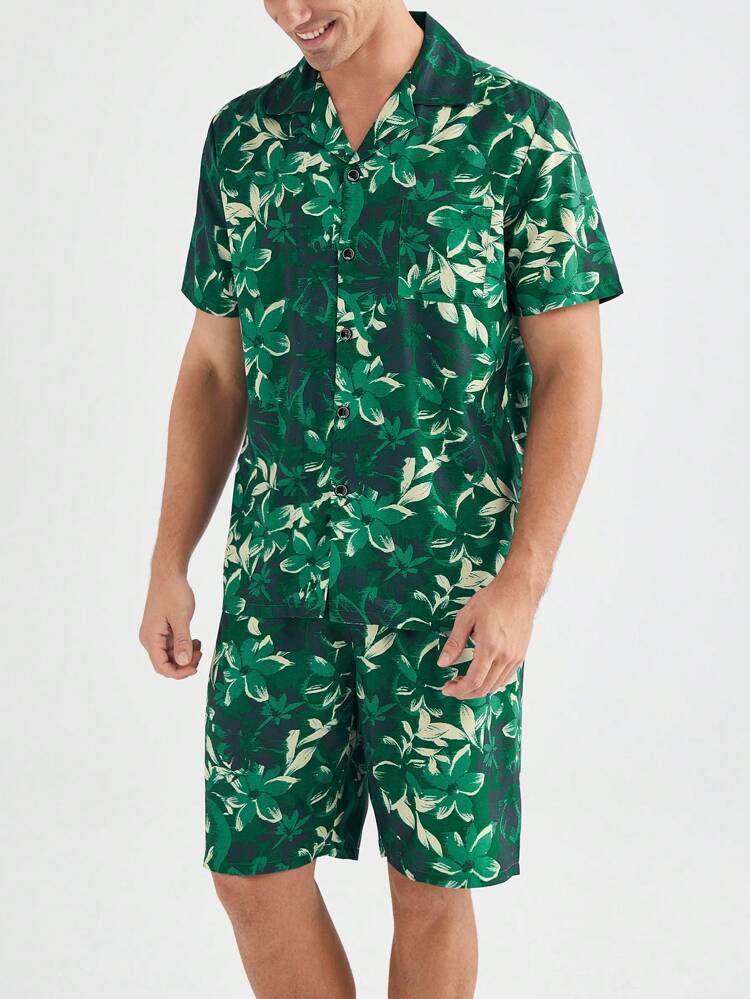 Men's Full Print Short Sleeve Shirt And Shorts Homewear Set