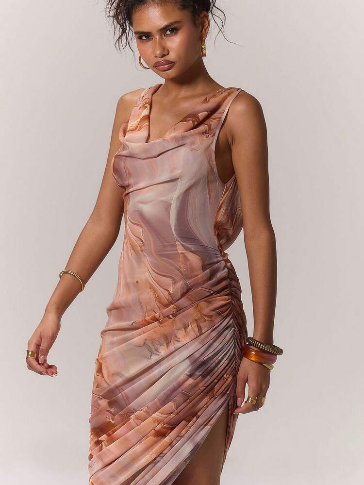 Sexy Abstract Printed Cowl Neck Midi Dress Elegant Spring Summer Vacation Party