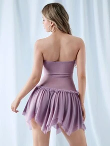 SHEIN ICON 女款露肩束腰上衣網紗連衣裙，不對稱下擺設計