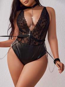 Plus Size Women's Solid Color Dark Punk Style Sexy Lingerie With Metal Chains