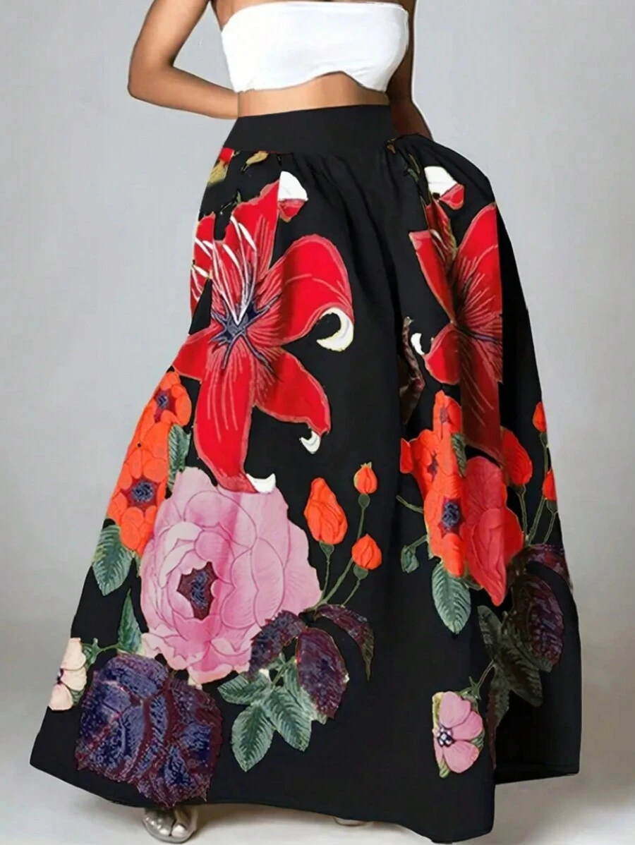 Zolique Falda larga de mujer estampada con flores para vacaciones - Multicolor - Ver 1