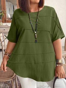 Plus Size Vacation/Casual Solid Color Batwing Sleeve Shirt - Olive Green - View 3