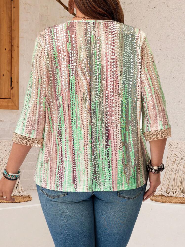 Plus Size Women's Summer Tie Dye Printed Lace Splicing V-Neck 3/4 Sleeve Casual T-Shirt, Vacation Style