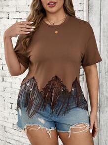 SHEIN LUNE 大码夏季流苏亮片不对称下摆音乐节派对西式休闲 T 恤 - 棕色 - 查看 4