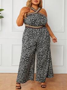 SHEIN CURVE+ Plus Size Leopard Print Splice Woven Tape Beach Jumpsuit With V Neckline And Cinched Waist - Black - View 7