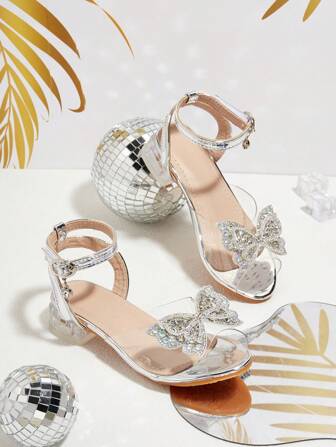 1pair Comfortable Silver Sparkling Butterfly & Flower Crystal High-Heel Shoes For Children Girls, Spring/Summer/Fall