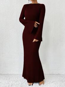 RosyDaze 女士纯色立领喇叭袖美人鱼下摆优雅长裙超长女装 - 紫紅色 - 查看 4