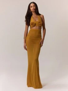 SHEIN X Scheana MUSERA 优雅网纱花卉拼接露背长裙，适合度假、夏季婚礼宾客、海滩度假、伊比沙岛音乐节、西部风情之夜、婚礼宾客、优雅、约会之夜、秋季、冬季派对、夏季穿搭