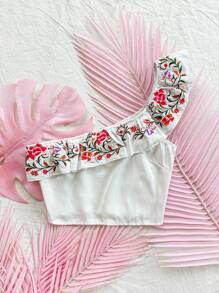 SHEIN Dreamara Vacation Retro Embroidery Asymmetrical Neck Top With Ruffle Trim