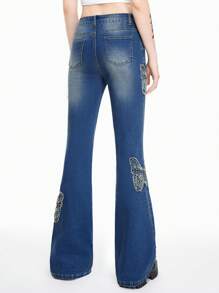 ROMWE Fairycore 女士复古蝴蝶铆钉串珠波西米亚风喇叭牛仔裤 - 藍色 - 查看 6