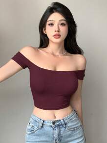 Dazy Designer Women's Green Off-Shoulder Bodycon T-Shirt Summer,Crop Tops Women,Off Shoulder Top - Burgundy - View 5