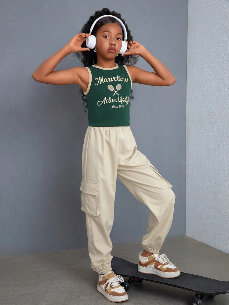 Tween Girl Spring/Summer Knitted Round Neck Sleeveless Top & Woven Solid Color Jogger Pants Set