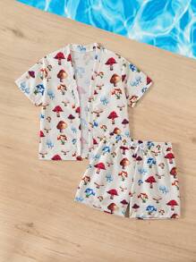 Young Boy Summer Beach Pool Mushroom Printed Swimwear Set - Multicolor - View 5