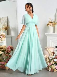 SHEIN Belle Elegant Chiffon Off-Shoulder V-Neck Pleated Swing Evening Dress - Green - View 4