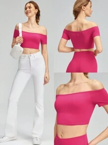 GLOWMODE FeatherFit™離肩短款T恤，輕度支撐瑜伽工作室健身日常運動 - 熱帶粉紅色 - 查看 8