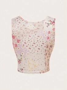 SHEIN Unity Holiday Style Square Neck Floral Print Ruched Backless Camisole - Baby Pink - View 2