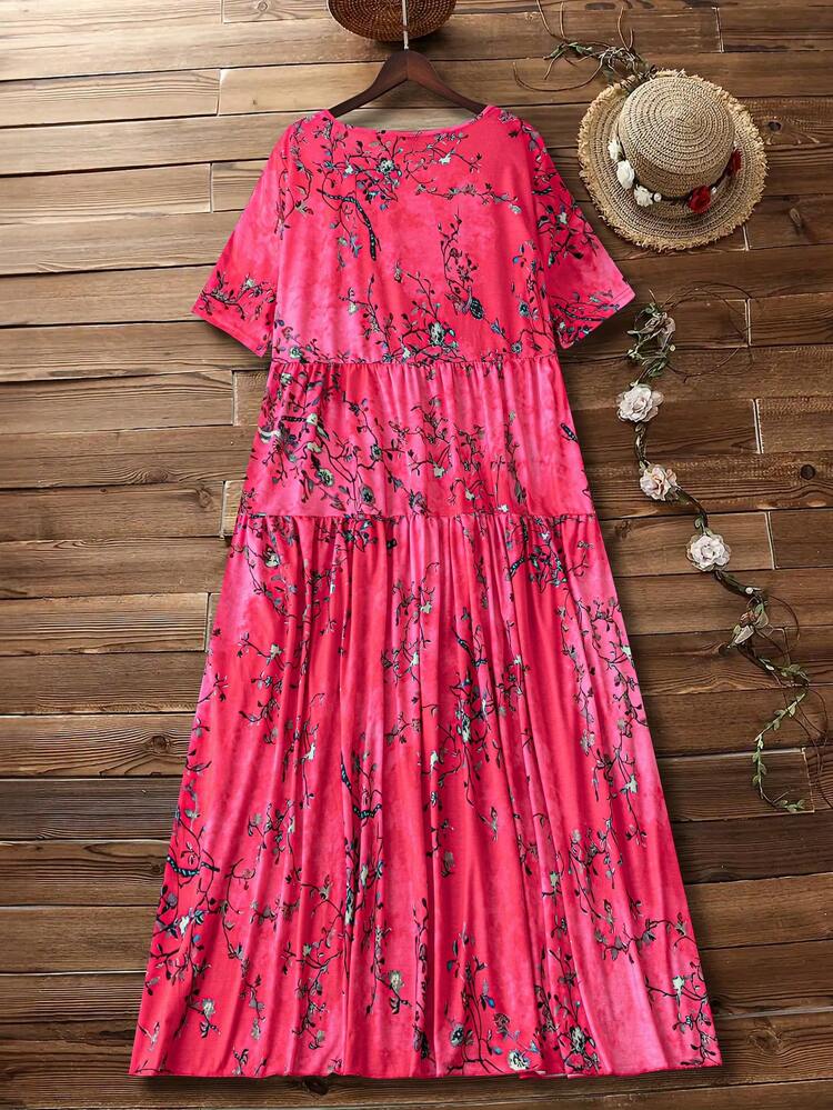 Plus Size Women Summer Holiday Floral Print Round Neck Short Sleeve Long Casual Dress