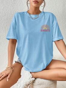 INAWLY 女式夏季棕榈树字母印花圆领落肩宽松休闲 T 恤 FOREVER CHASING SUNSETS - 淺藍色 - 查看 4