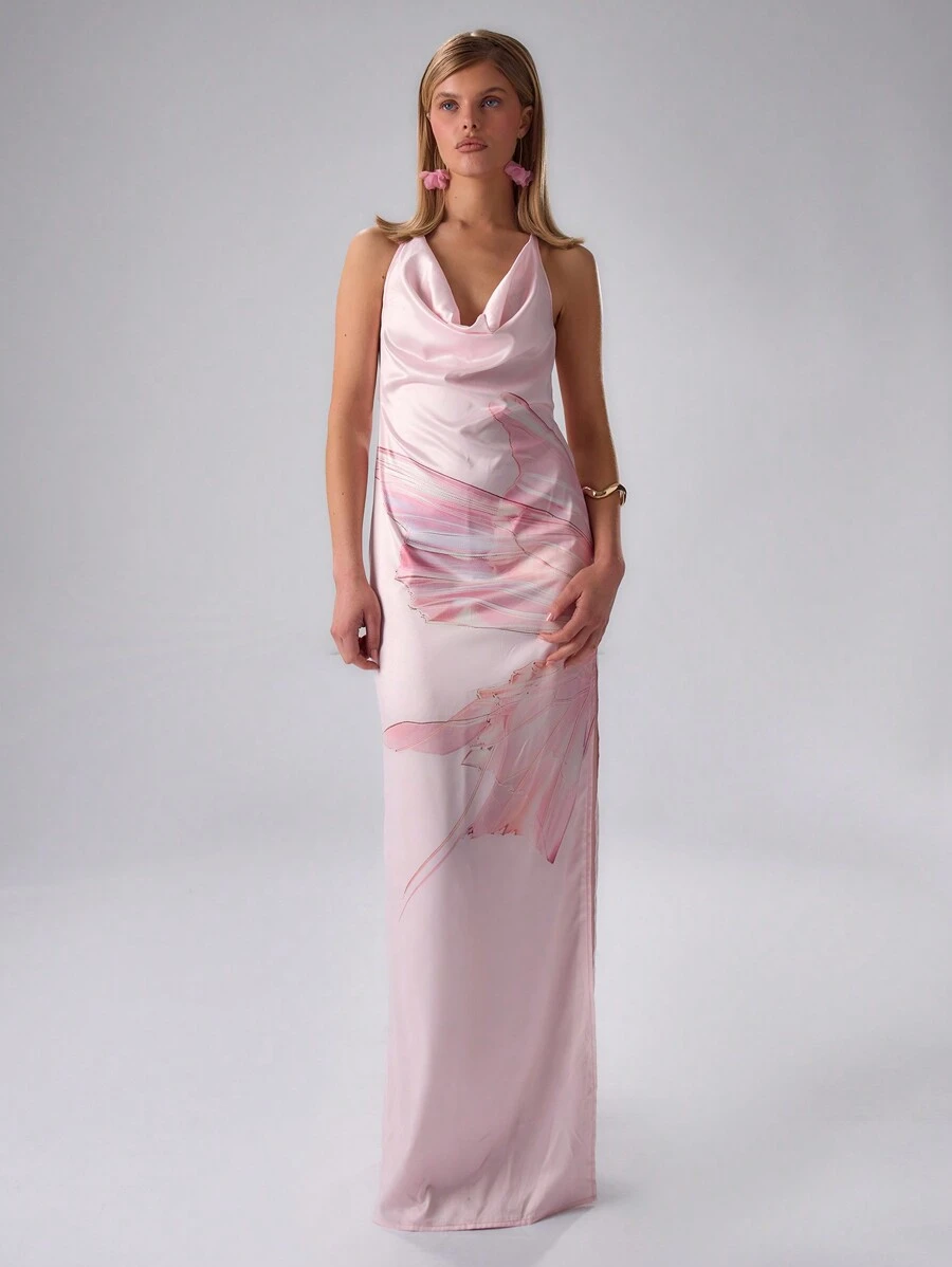 MUSERA Printed Satin Halter Neck Maxi Dress Elegant Spring Summer Vacation Party - Pink - View 1