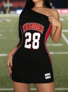 SHEIN ICON Vestido mini ajustado deportivo de baloncesto negro y rojo con un solo hombro y estampado de contraste en color para mujer estilo Y2k para verano
