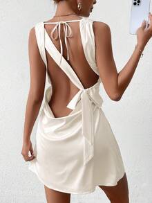 PARTHEA Backless Back Tie Draped Trim Bodycon Ruched Dress - Apricot - View 2