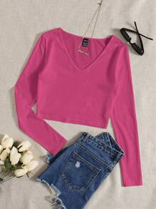 Solid V Neck Crop Tee - Pink - View 1