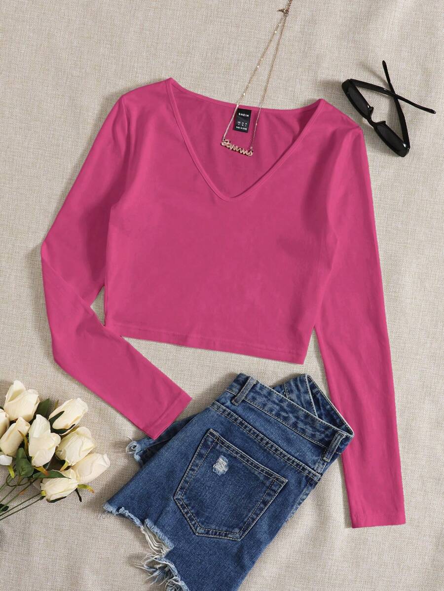 Solid V Neck Crop Tee - Pink - View 1