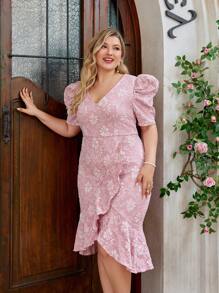 SHEIN Belle Dạ Nỉ Dệt Tay Phồng Xẻ Vắt Đuôi Cá Viền Plus Kích Thước Cocktail Dạ Hội - Hồng - Xem 4