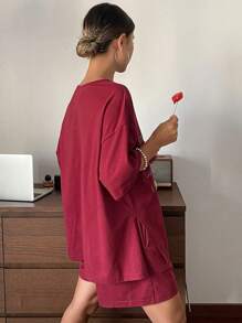 DAZY Loose Fit Alphabet Printed Wide Collar Casual Home Clothing Set - Burgundy - View 2