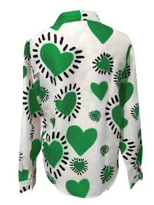 浪漫心形印花翻领宽松柔软触感长袖衬衫，情人节、春夏礼物 - 綠色 - 查看 2