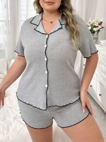 Top i spodenki z kontrastowym wykończeniem w bloki kolorów, kołnierzyk z klapami i krótkimi rękawami Zestaw piżam w dużych rozmiarach - Jasnoszary - Zobacz 4