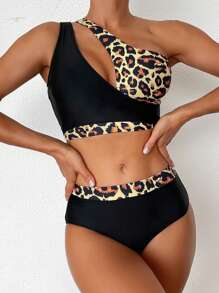 SHEIN Swim 女士不對稱領口豹紋露肩上衣和對比色底部比基尼套裝，適用於夏季沙灘泳池派對 - 彩色 - 查看 1