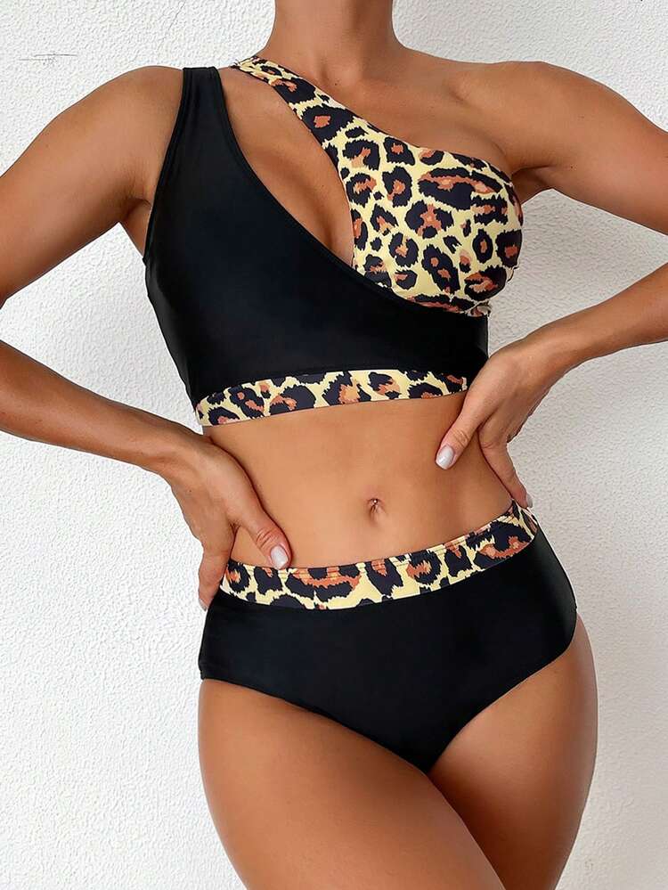 Women Asymmetric Neckline Leopard Print Hollow Out Top And Contrast Color Bottom Bikini Sets For Summer Beach Pool Party