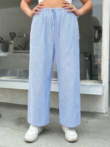 SHEIN EZwear 女性大碼寬鬆款式藍白直條紋長褲，夏季 - 藍色 - 查看 6