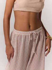 MUSERA 纹理条纹阔腿裤 优雅夏季性感时尚休闲 - 米色 - 查看 5