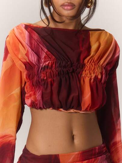 MUSERA Women Abstract Print Long Sleeve Crop Top Summer Holiday Ibiza