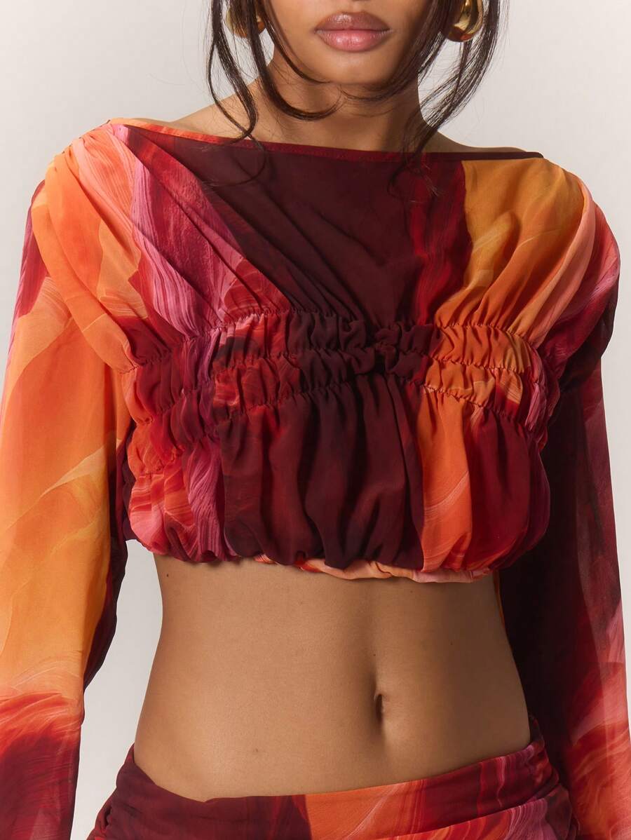 MUSERA 女士抽象印花长袖露脐上衣，夏季伊比沙岛度假款 - 玫瑰紅 - 查看 1