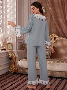 PalaceNights Floral Embroidery Ruffle Trim Flounce Sleeve Top & Trousers PJ Set - Mint Green - View 2