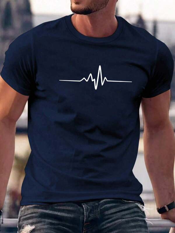 Herren Lässig Kurzarm T-Shirt mit rundem Ausschnitt und EKG Motiv-Muster, Sommer