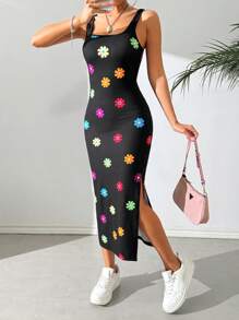 SHEIN EZwear 女士雛菊印花針織無袖連身緊身裙，夏季 - 黑色 - 查看 6