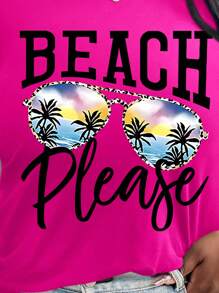 SHEIN LUNE Camiseta casual de mujer de talla grande para verano con cuello redondo y estampado de letras y palmeras - Rosa Fucsia - Ver 3